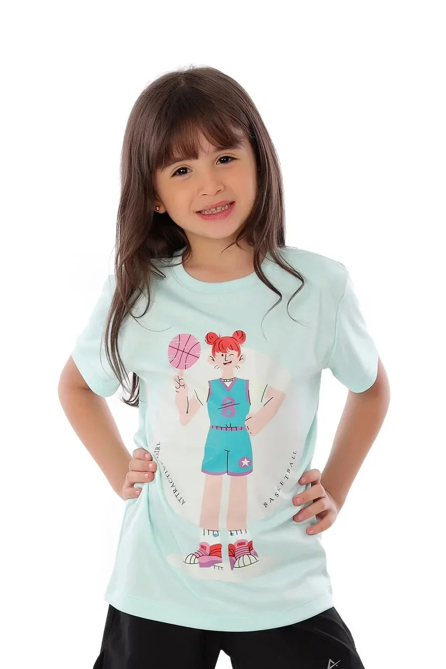 Girls Basketball Cartoon Graphic T-Shirt – Sporty Kids Athletic Tee