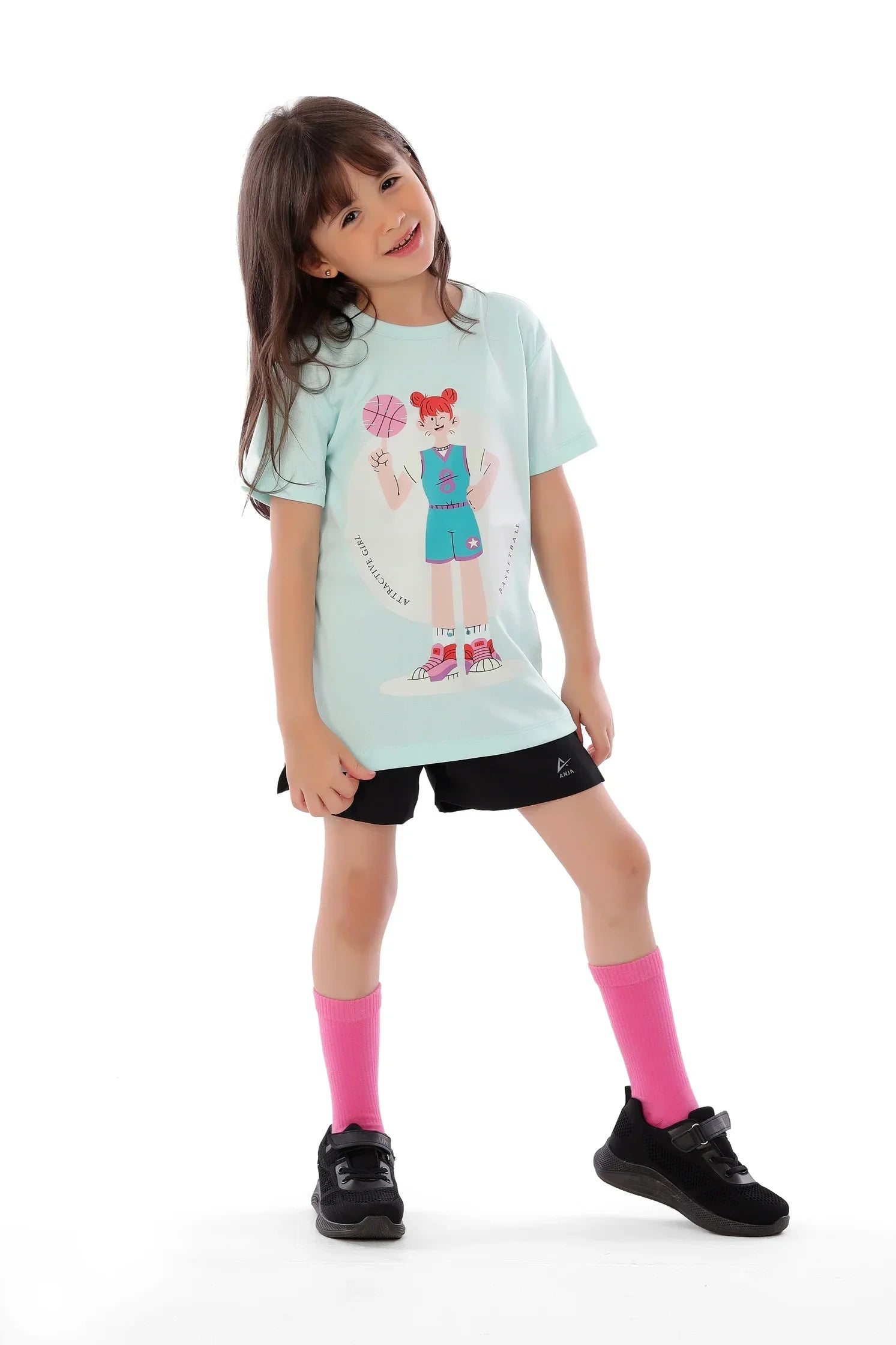Girls Basketball Cartoon Graphic T-Shirt – Sporty Kids Athletic Tee