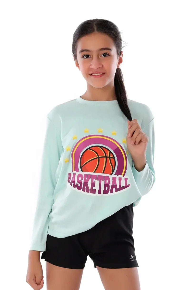 Girls Light Blue Basketball  Long Sleeve T-Shirt