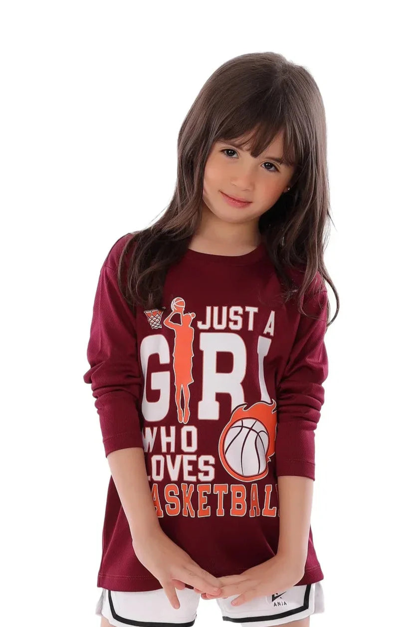 Girls Burgendy Basketball Long Sleeve T-Shirt – Sporty Athletic Top