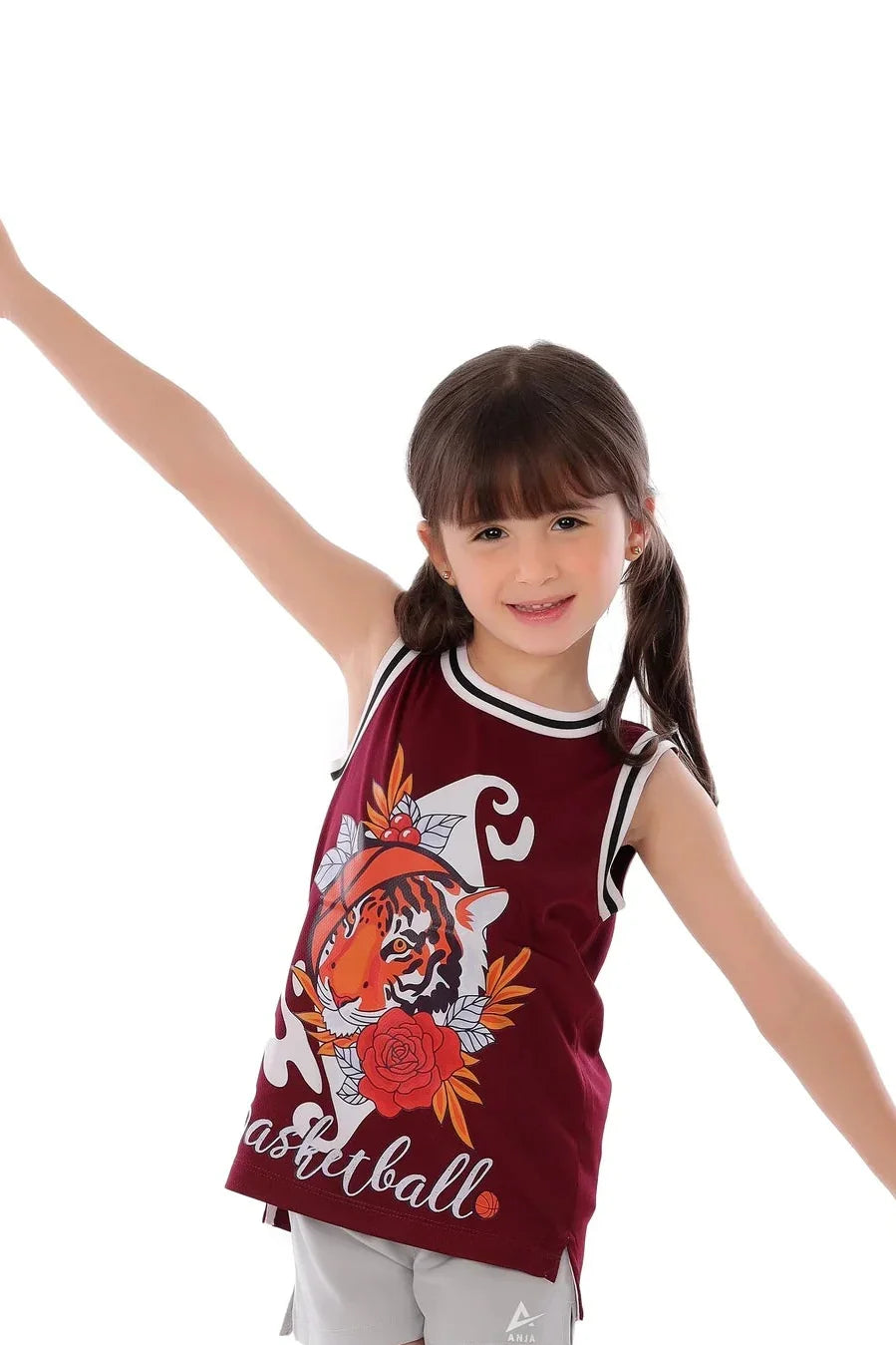 Girls Maroon Tiger Basketball Sleeveless T-Shirt – Sporty Athletic Top
