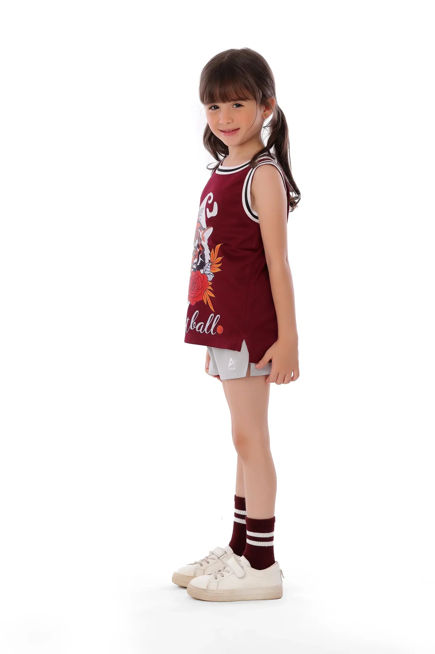Girls Maroon Tiger Basketball Sleeveless T-Shirt – Sporty Athletic Top