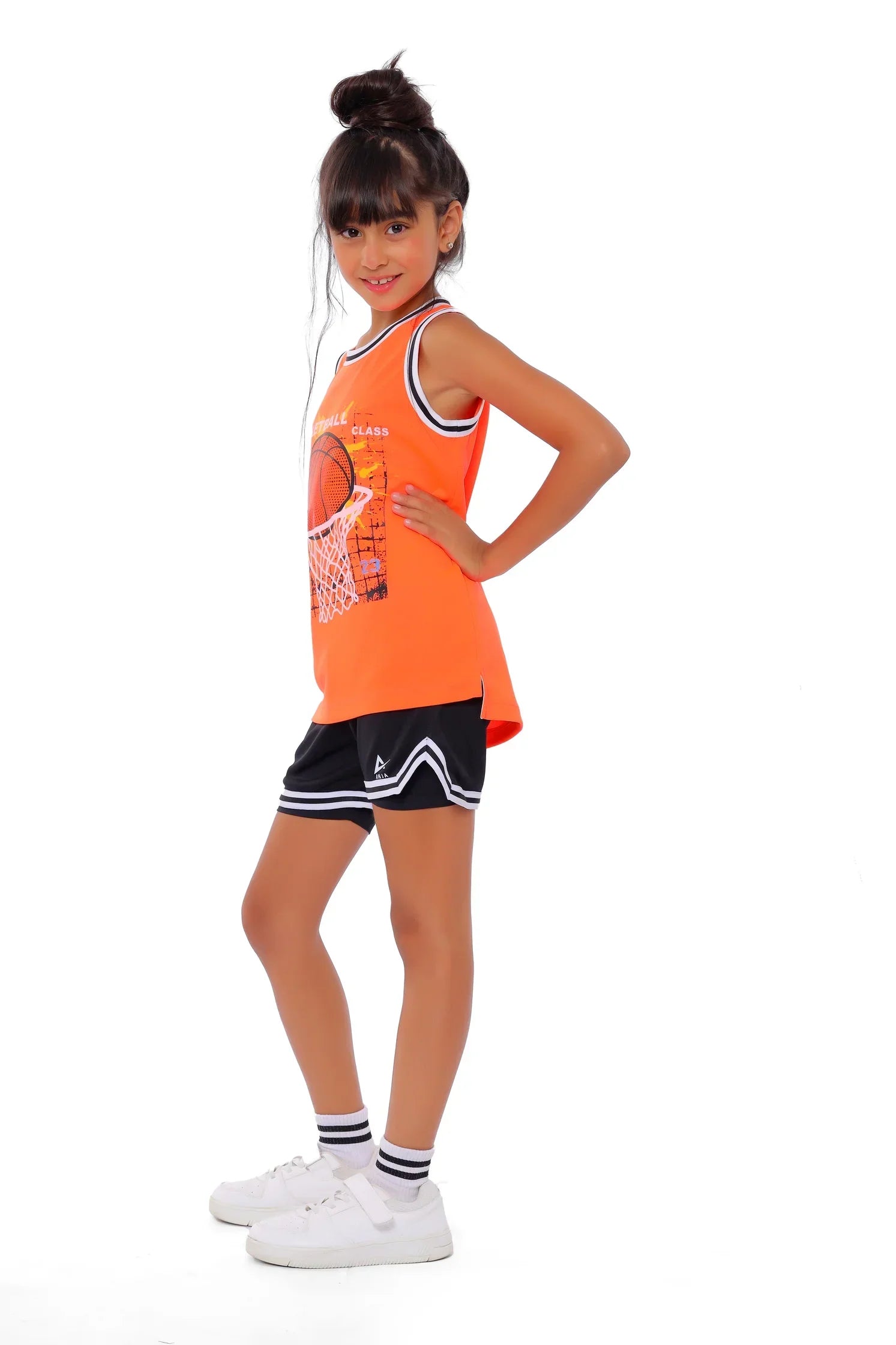 Girls Orange Basketball Hoop Graphic T-Shirt – Sporty Athletic Top
