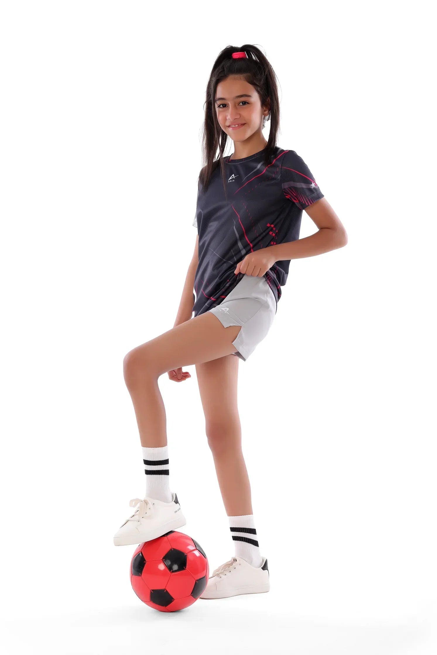 Girls Black & Red Streak  T-Shirt – Sporty Graphic Top