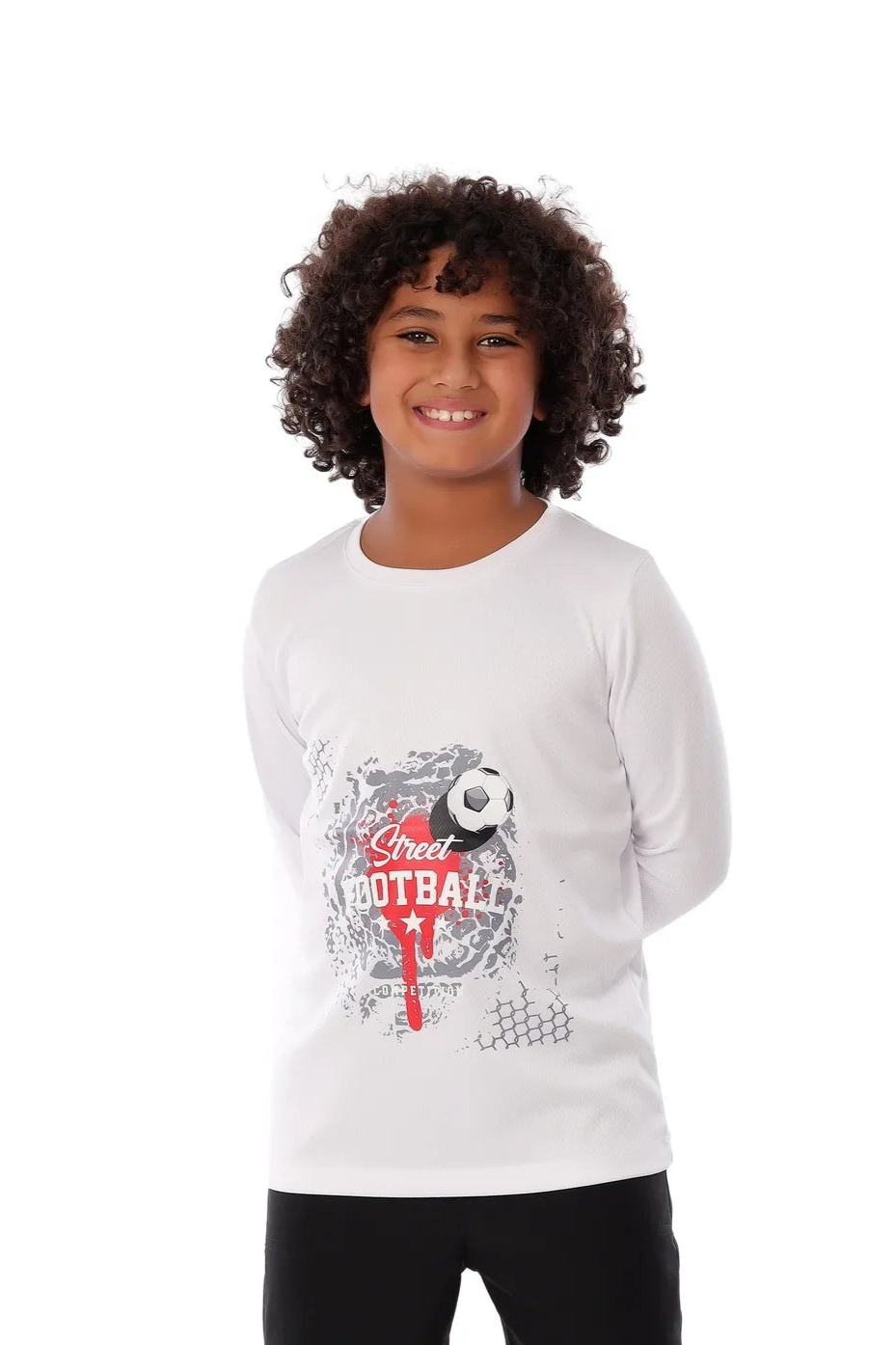 Boys White Street Football Long Sleeve T-Shirt – Sporty Graphic Top