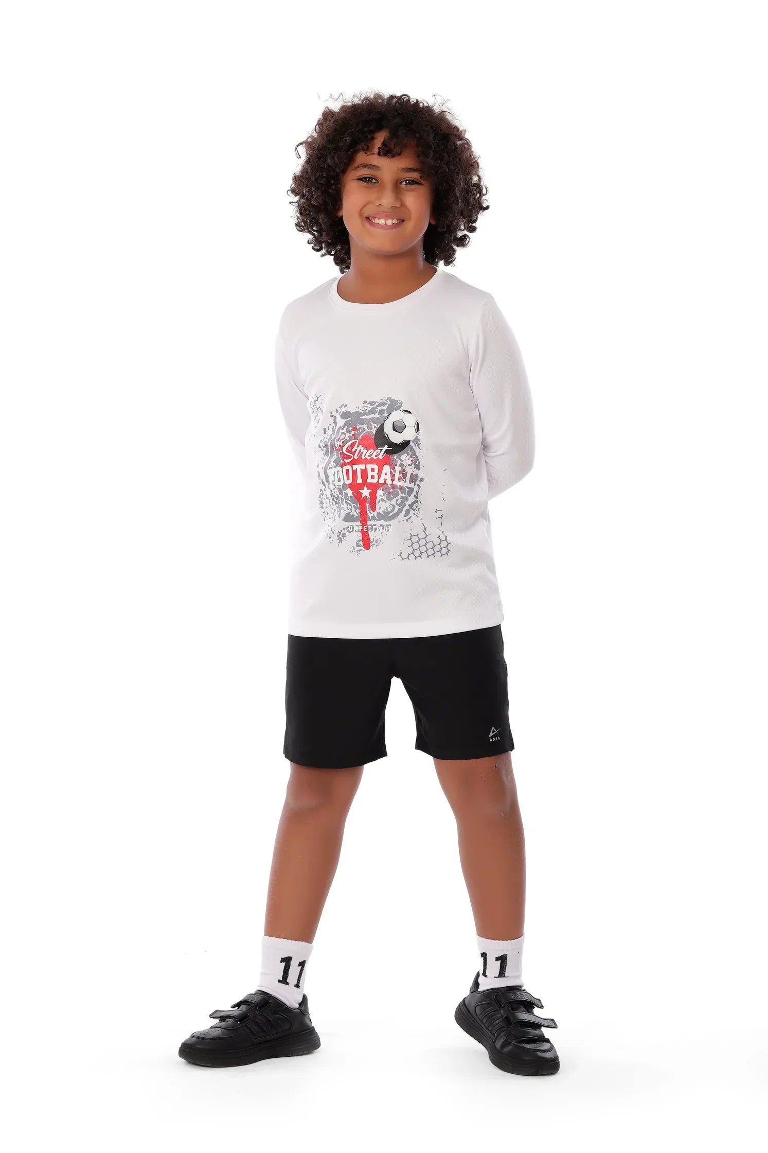 Boys White Street Football Long Sleeve T-Shirt – Sporty Graphic Top