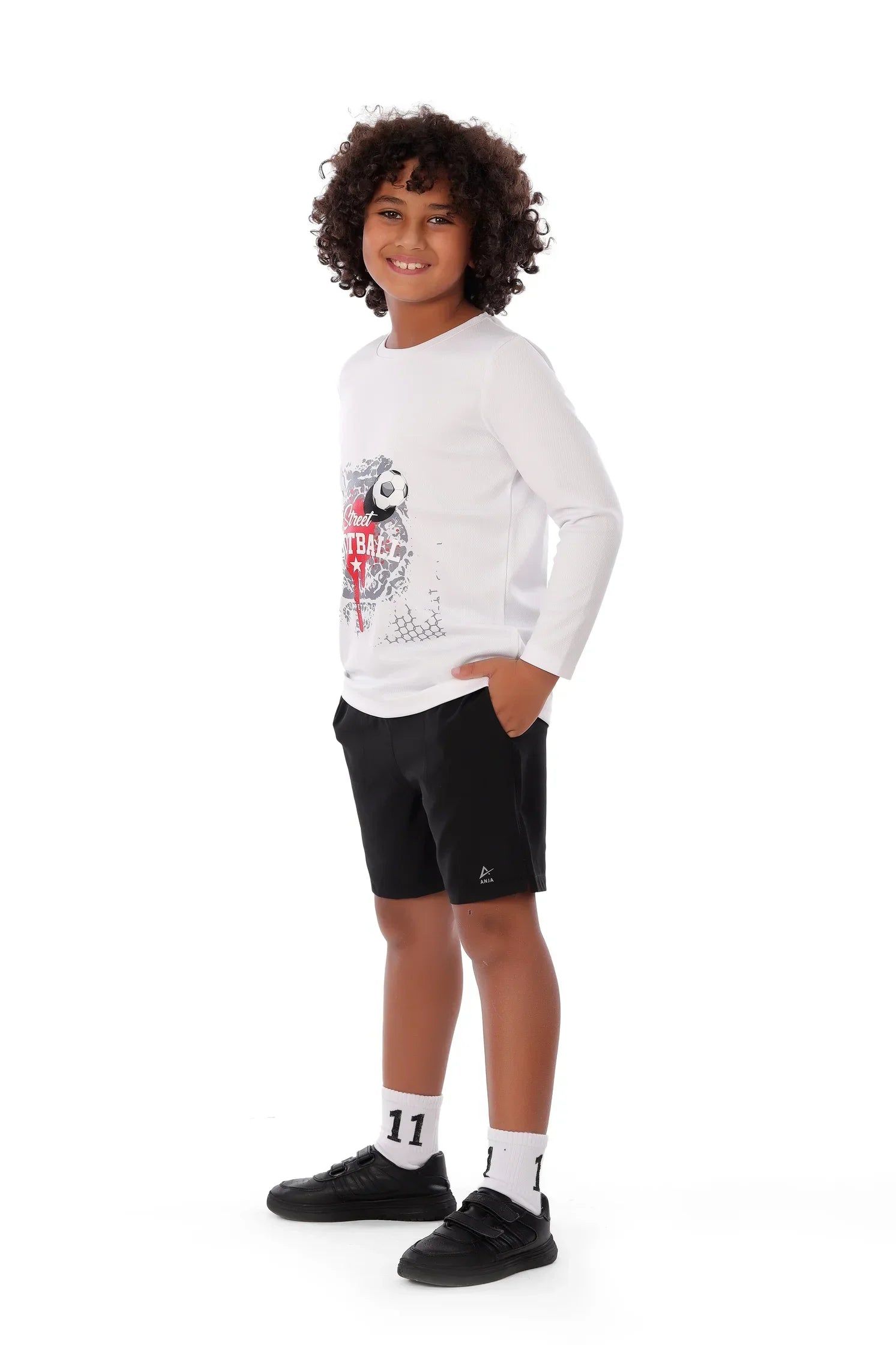 Boys White Street Football Long Sleeve T-Shirt – Sporty Graphic Top