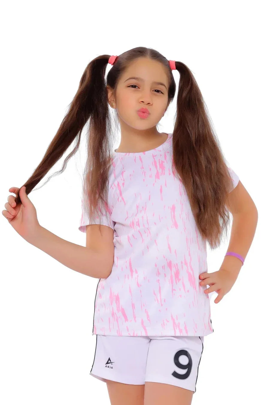 Girls White & Pink Splash Athletic Kit – Sporty T-Shirt and Shorts Set