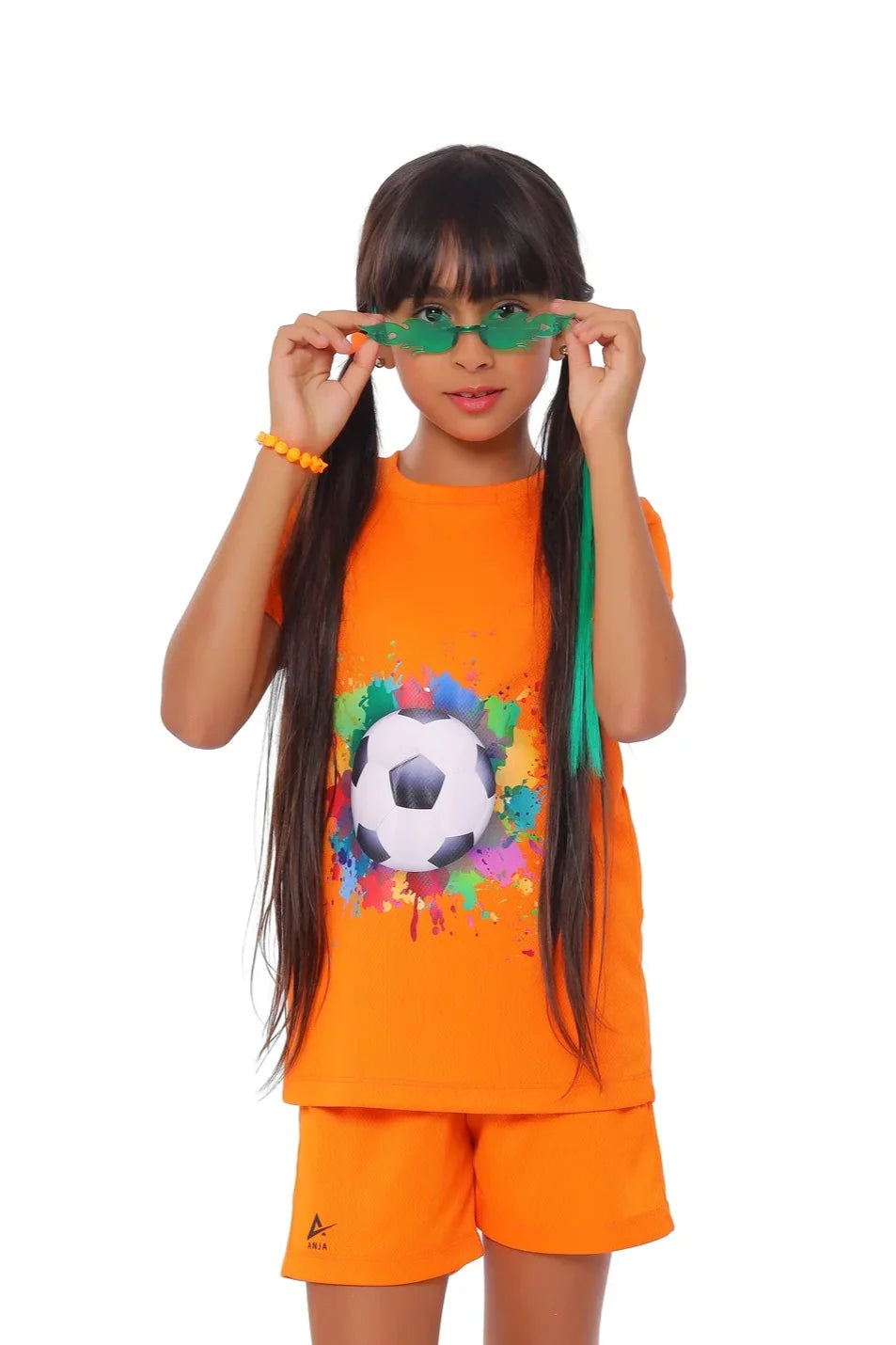Girls Orange Football Splash Kit – Sporty Athletic Set