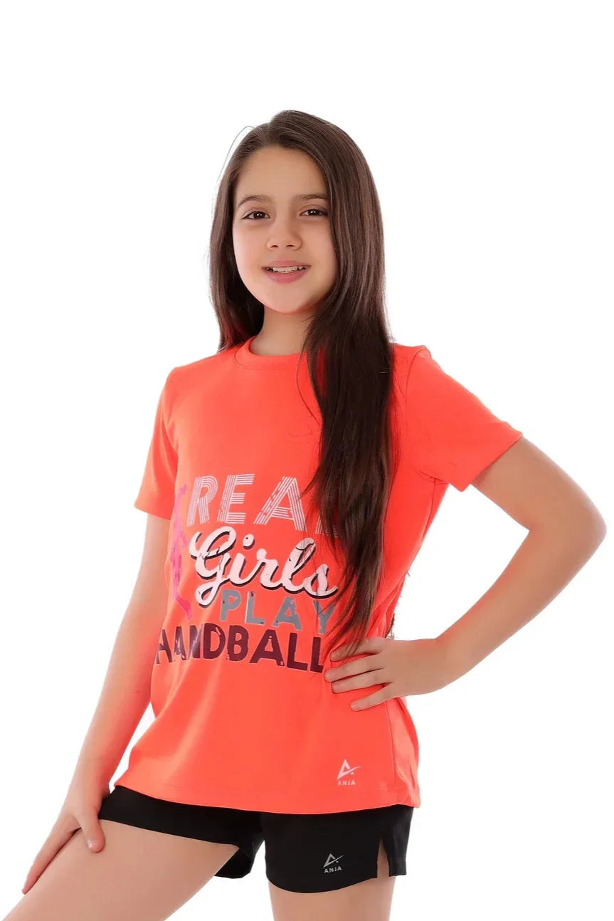Girls Neon Orange Real Girls Play Handball T-Shirt – Sporty Athletic Top