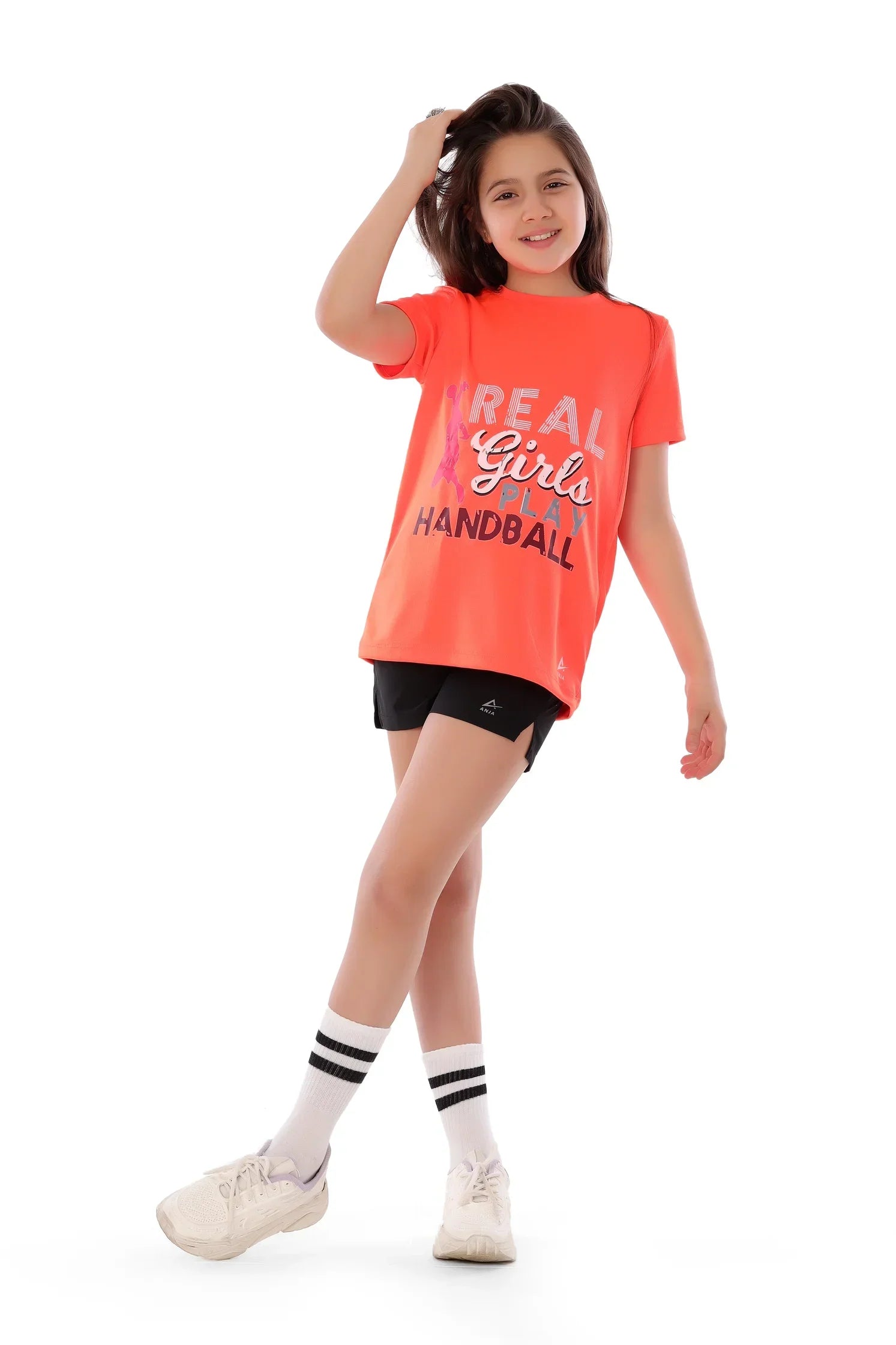 Girls Neon Orange Real Girls Play Handball T-Shirt – Sporty Athletic Top