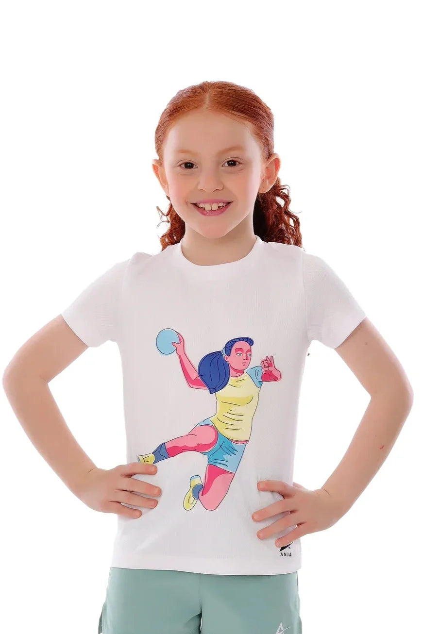 Girls White Handball Player Graphic T-Shirt – Sporty Athletic Top