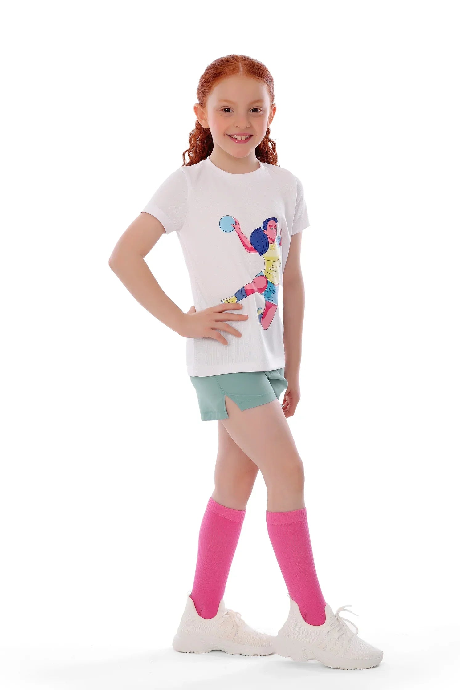 Girls White Handball Player Graphic T-Shirt – Sporty Athletic Top