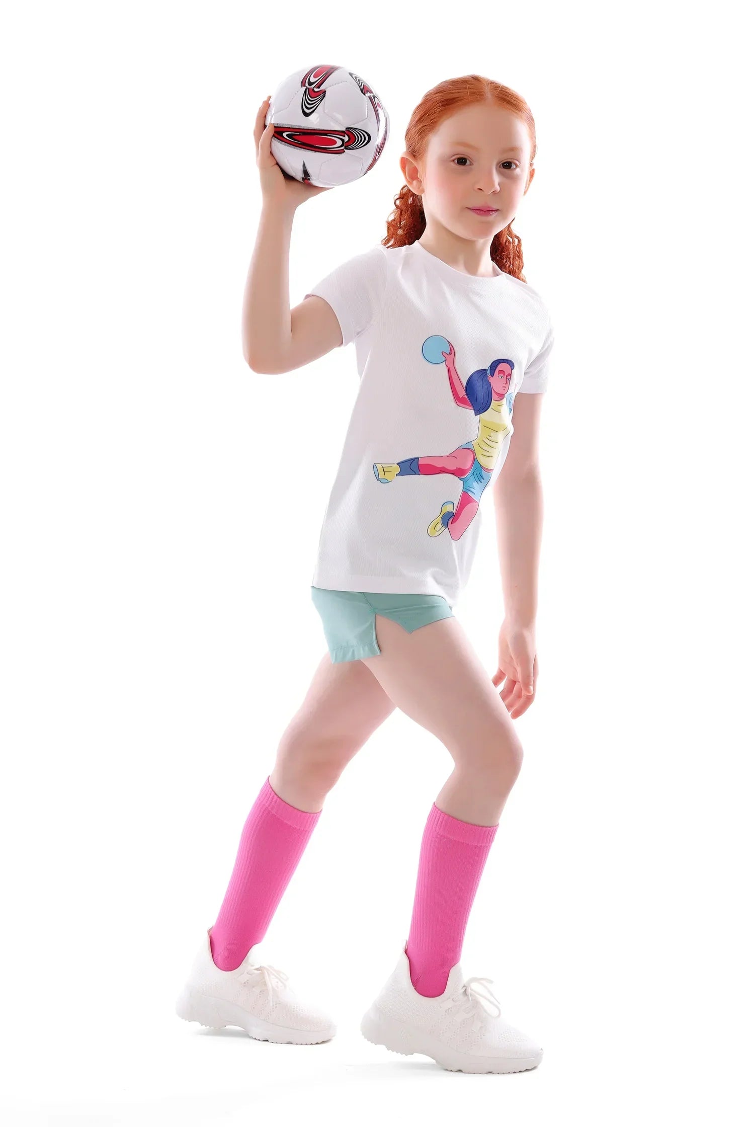 Girls White Handball Player Graphic T-Shirt – Sporty Athletic Top