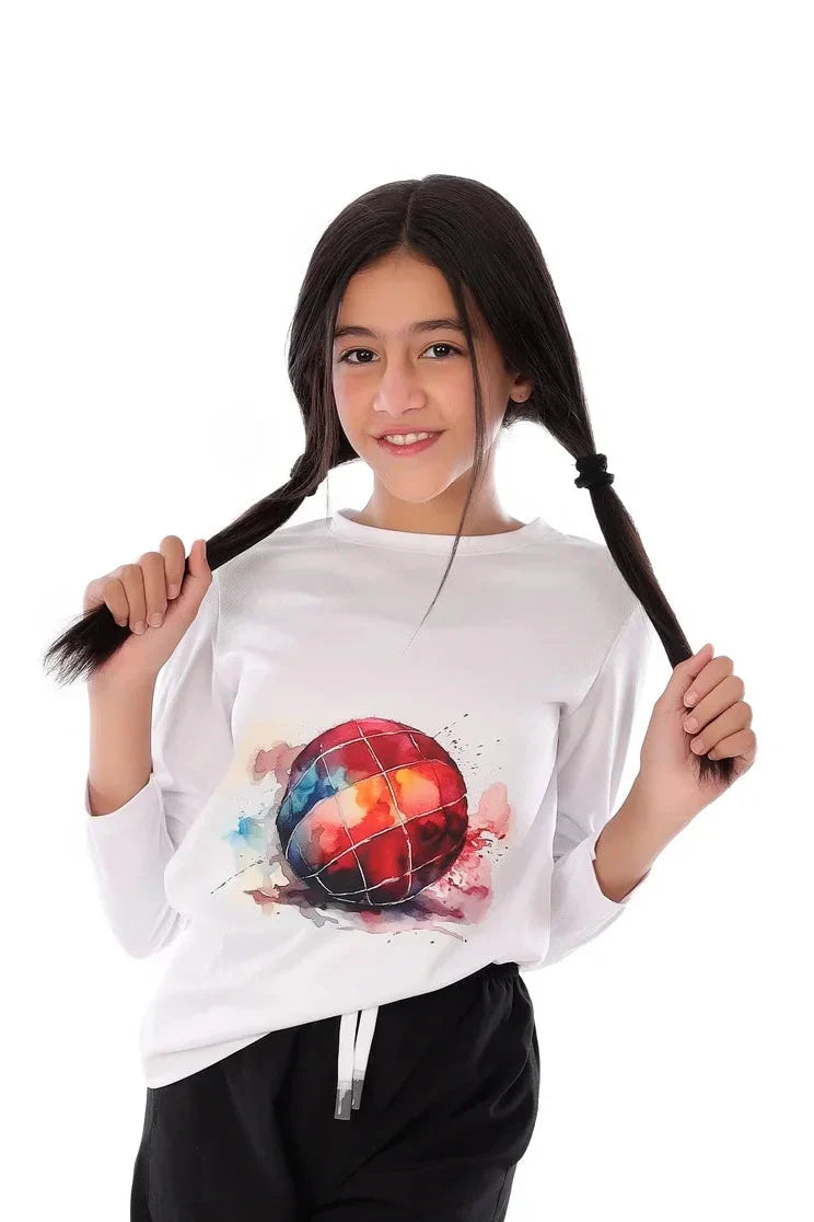 Girls White Splash HandBall T-Shirt – Sporty Long Sleeve Top