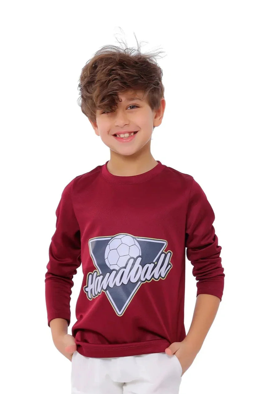 Boys  burgundy Handball Long Sleeve T-Shirt – Sporty Athletic Top