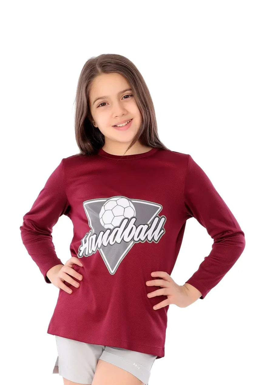Girls  burgundy Handball Long Sleeve T-Shirt – Sporty Athletic Top