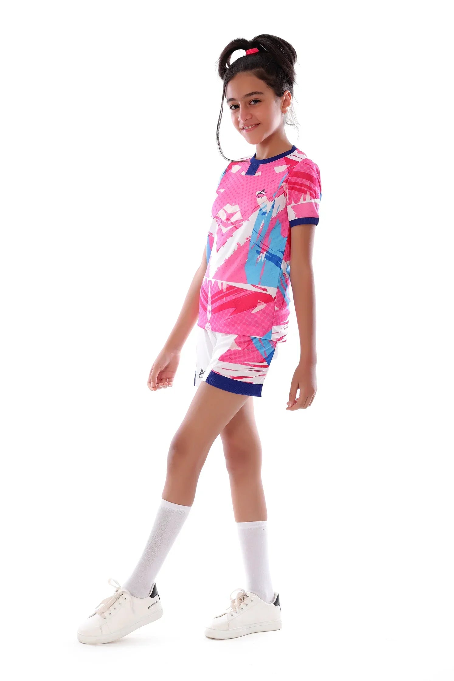Girls Pink & Blue Graphic Sports Kit – Athletic T-Shirt and Shorts Set