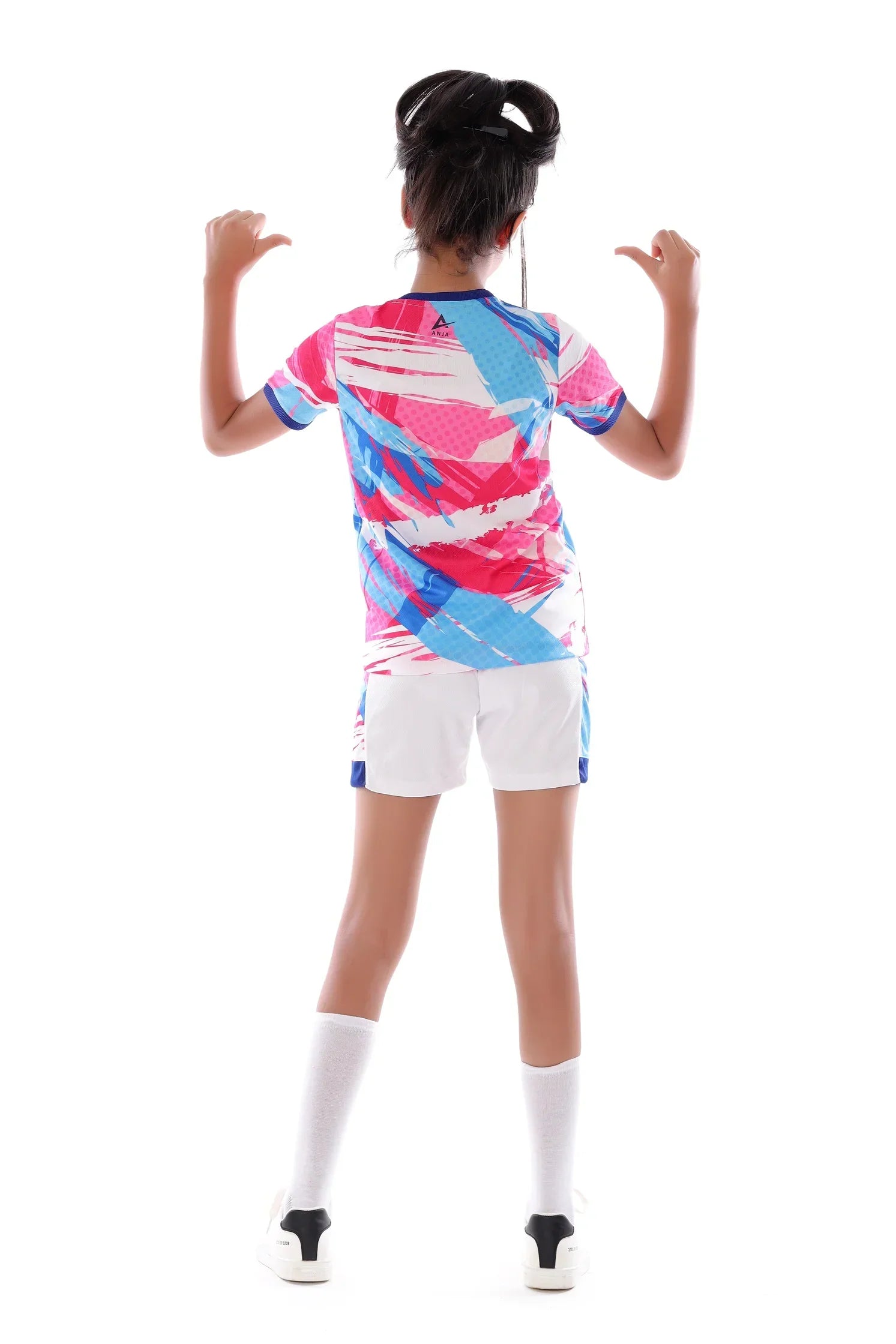 Girls Pink & Blue Graphic Sports Kit – Athletic T-Shirt and Shorts Set