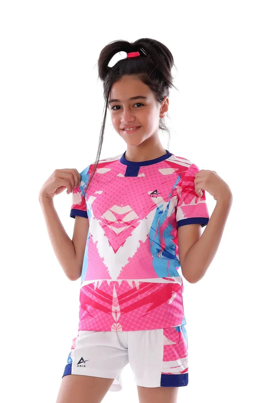 Girls Pink & Blue Graphic Sports Kit – Athletic T-Shirt and Shorts Set