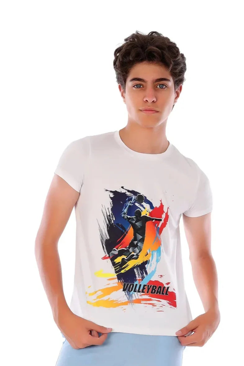 Boys White Action Volleyball Graphic T-Shirt – Sporty Athletic Top