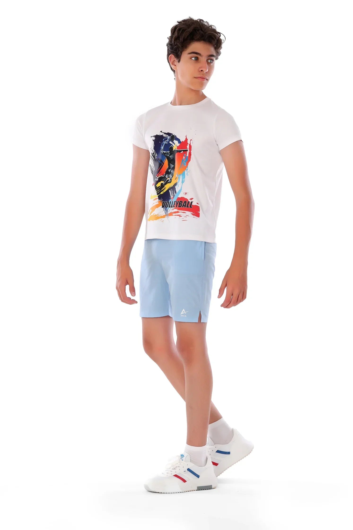 Boys White Action Volleyball Graphic T-Shirt – Sporty Athletic Top