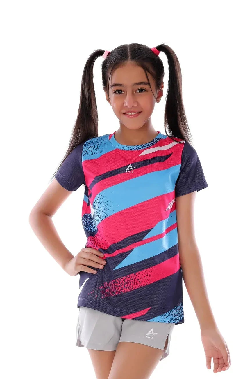 Girls Blue & Pink Streak T-Shirt – Sporty Athletic Top