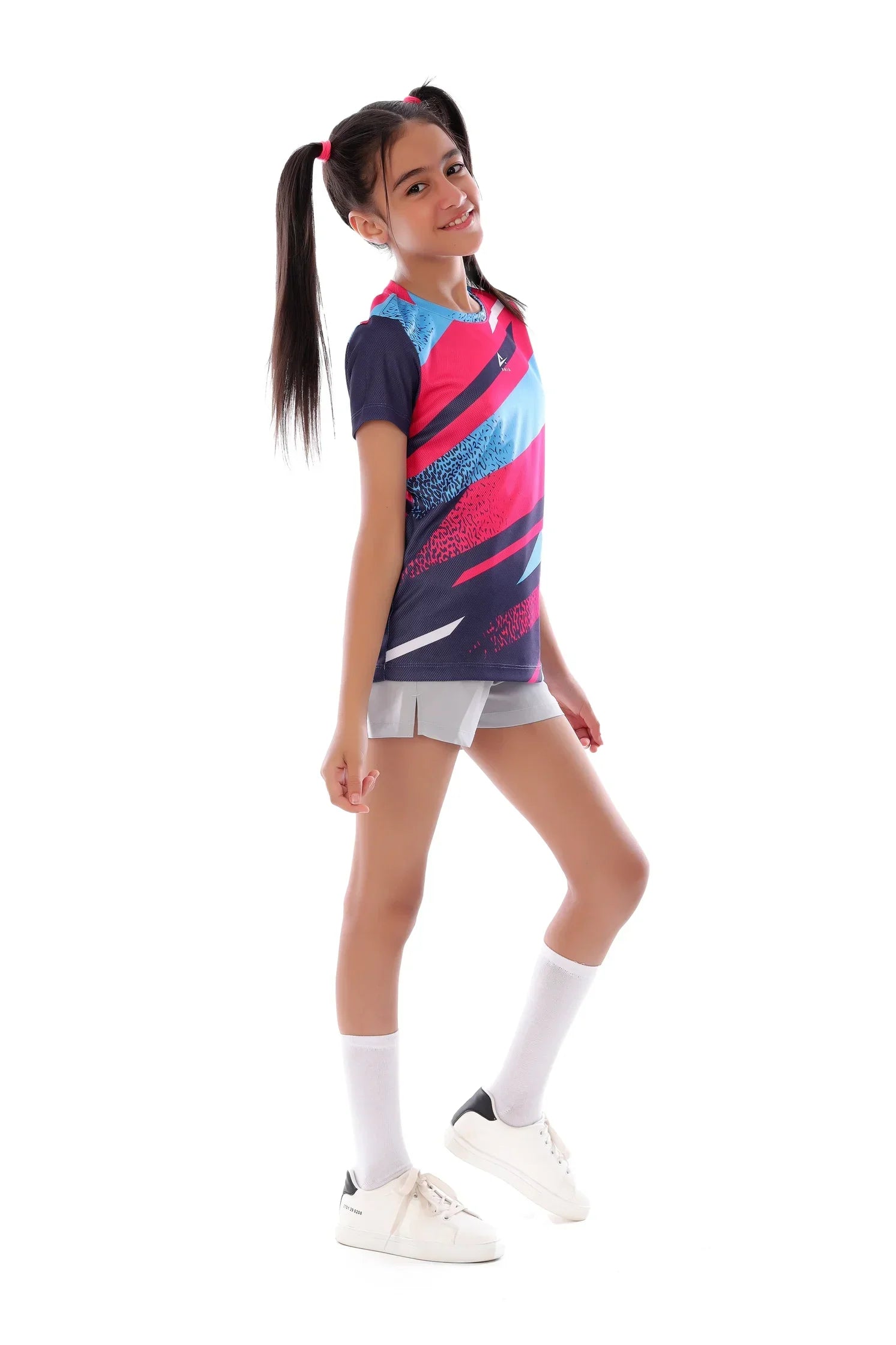 Girls Blue & Pink Streak T-Shirt – Sporty Athletic Top