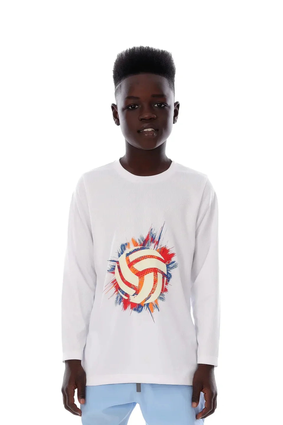 Boys White Volleyball Burst Graphic T-Shirt – Sporty Long Sleeve Top