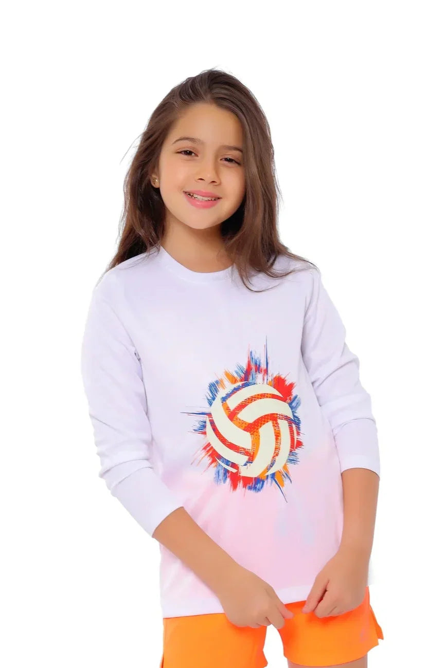 Girls White Volleyball Burst Graphic T-Shirt – Sporty Long Sleeve Top