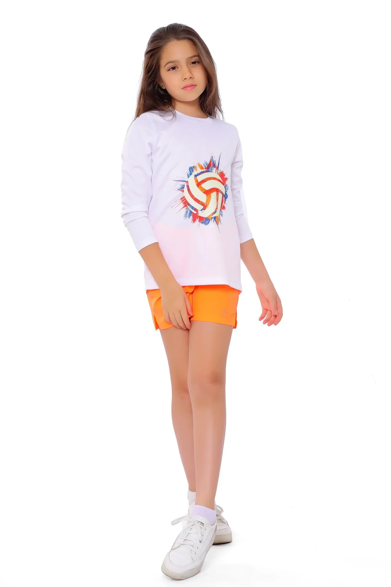 Girls White Volleyball Burst Graphic T-Shirt – Sporty Long Sleeve Top