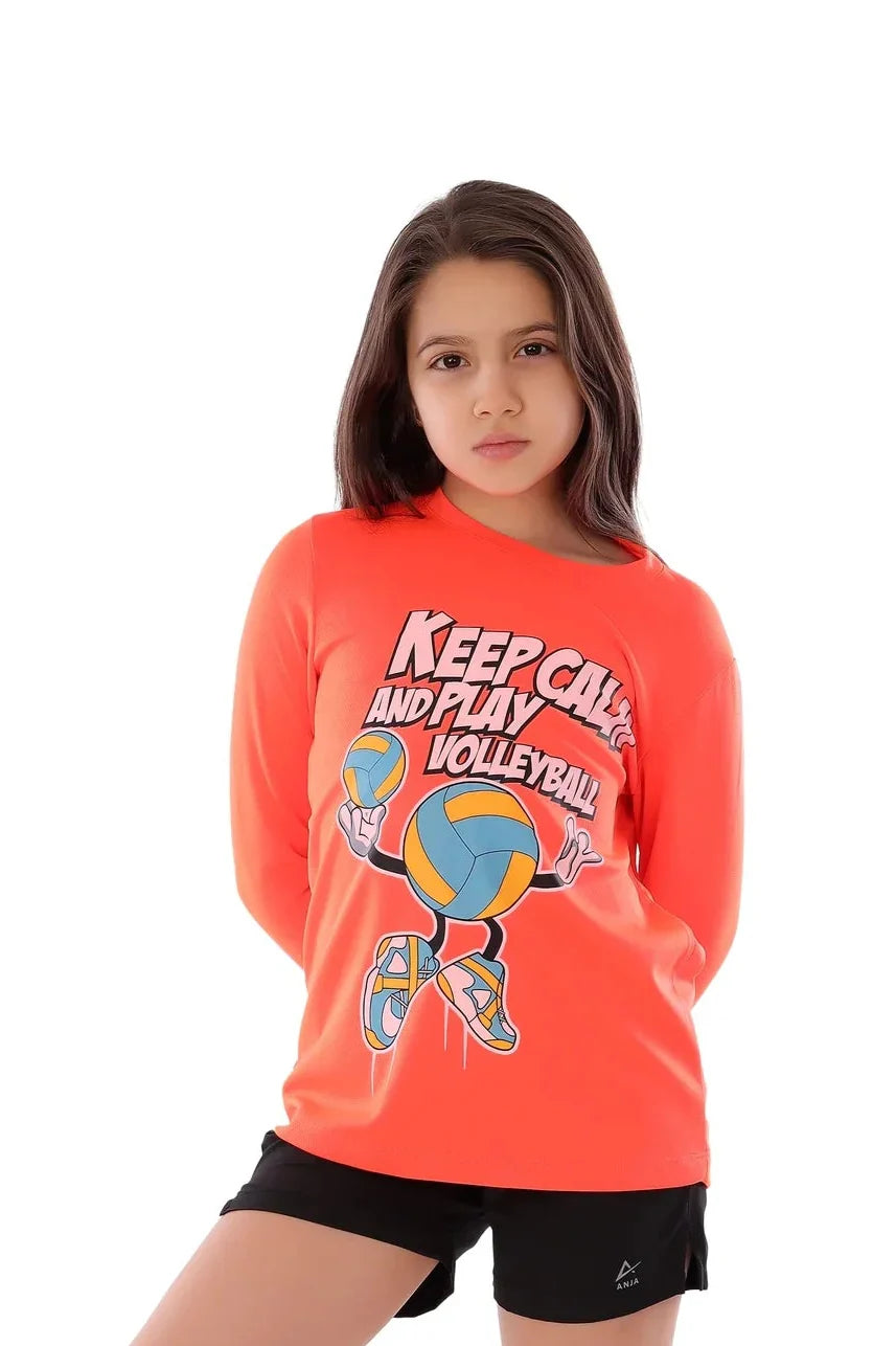 Girls Neon Orange Volleyball T-Shirt –  Sporty Graphic Top