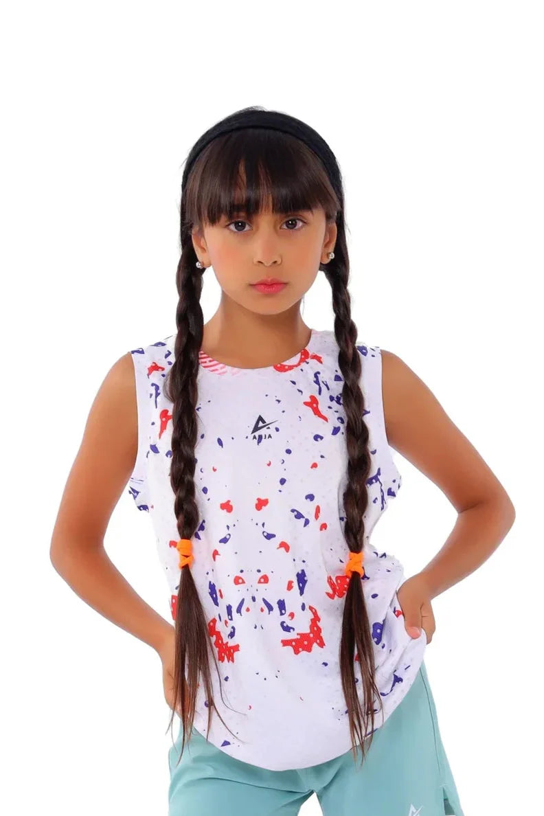 Girls White Paint Splash Tank Top – Sporty Sleeveless T-Shirt
