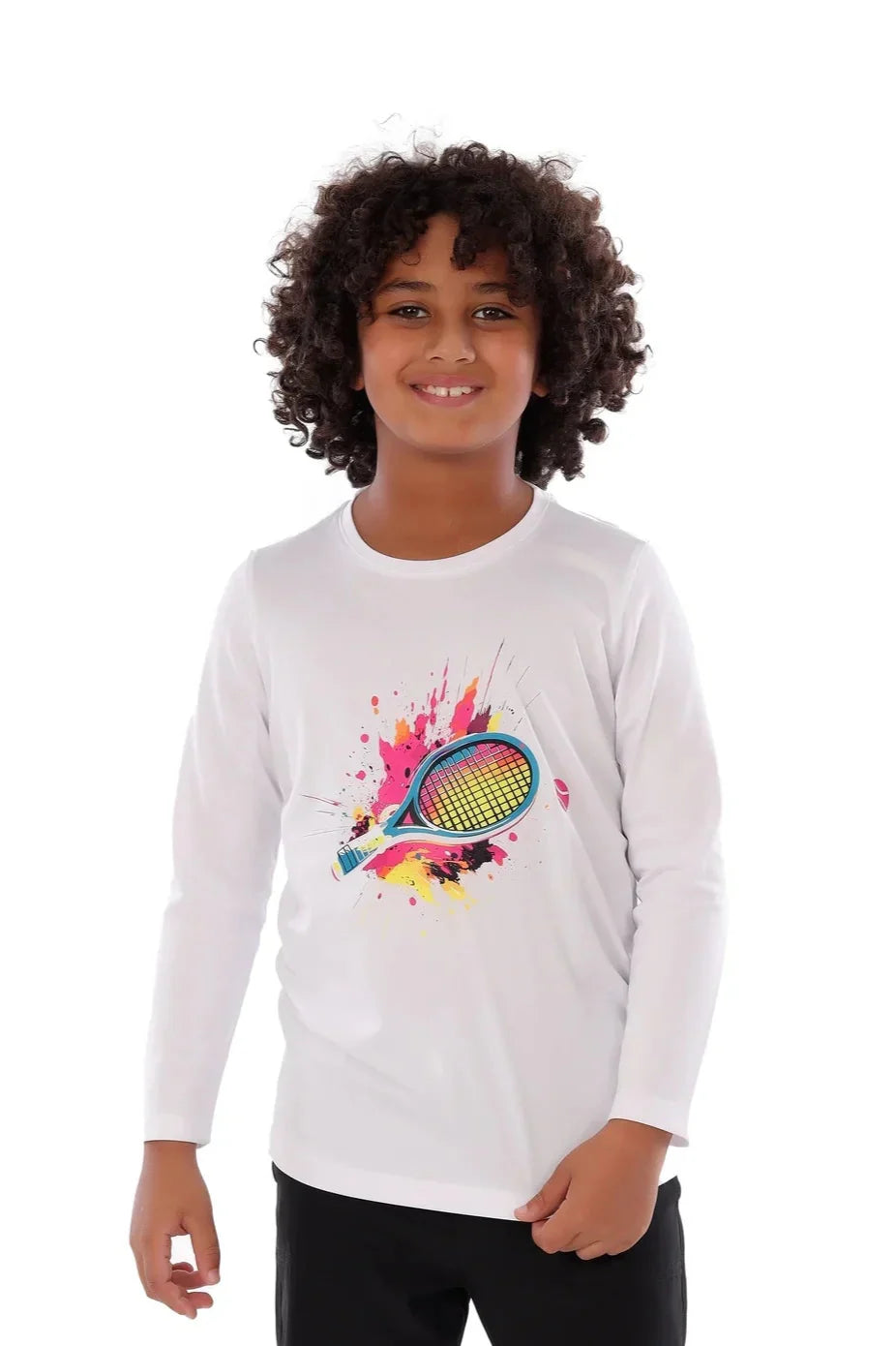 Boys White Neon Tennis Splash T-Shirt – Sporty Long Sleeve Top for Kids