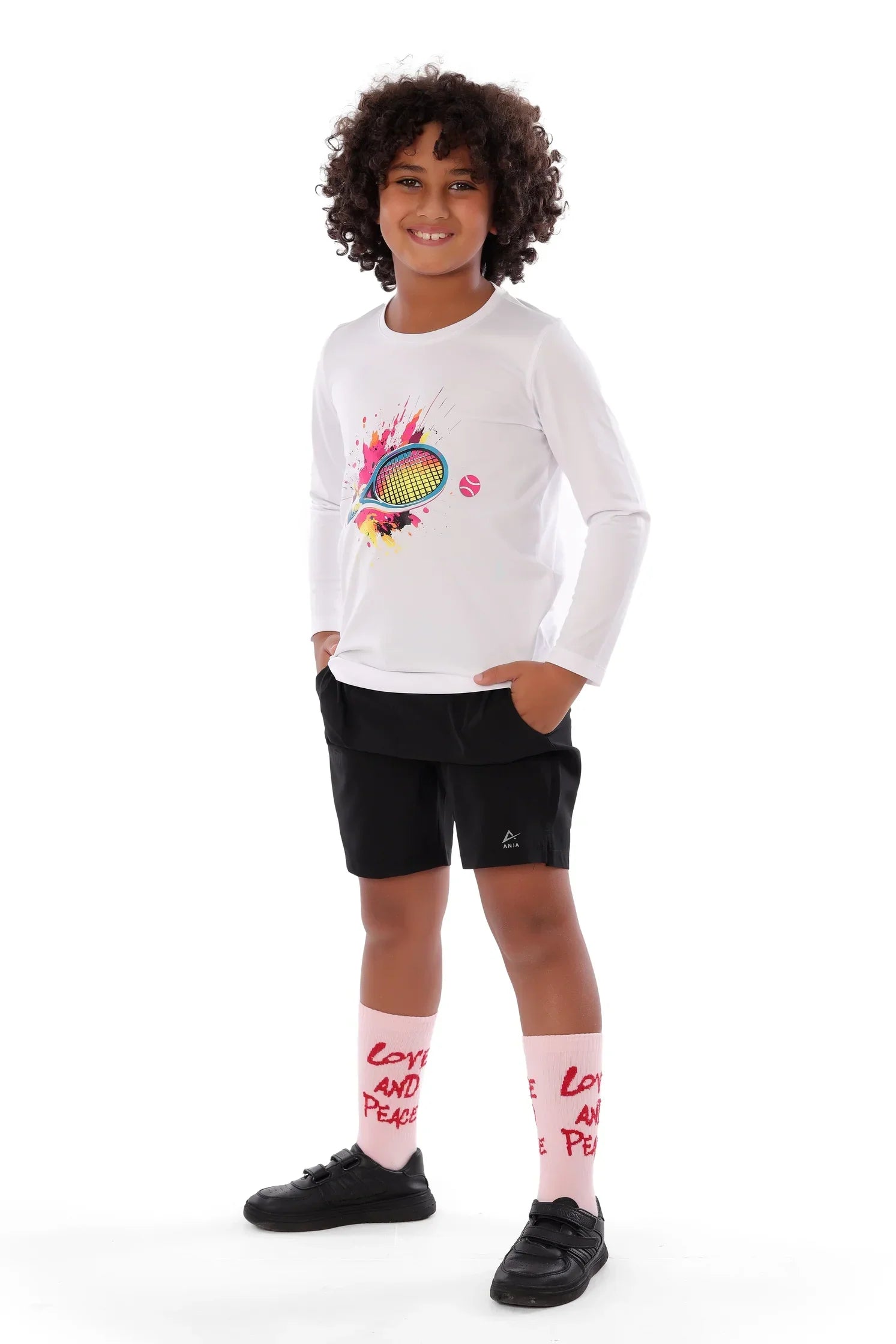 Boys White Neon Tennis Splash T-Shirt – Sporty Long Sleeve Top for Kids