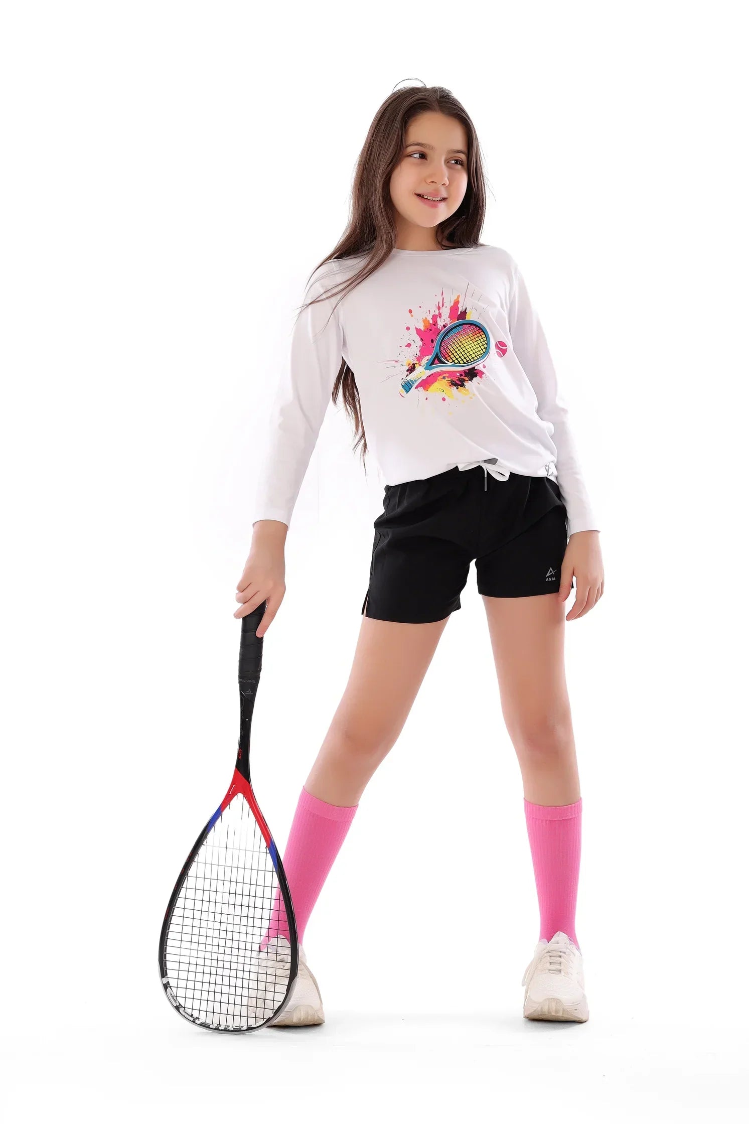 Girls White Neon Tennis Splash T-Shirt – Sporty Long Sleeve Top for Kids
