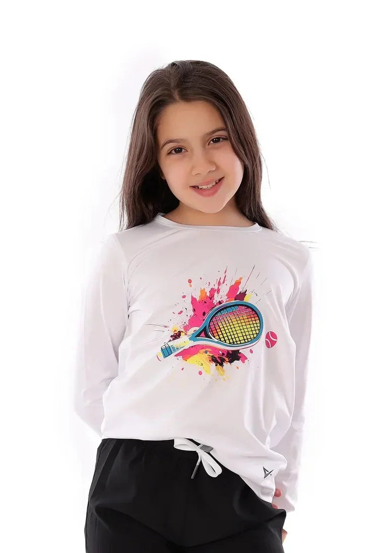 Girls White Neon Tennis Splash T-Shirt – Sporty Long Sleeve Top for Kids