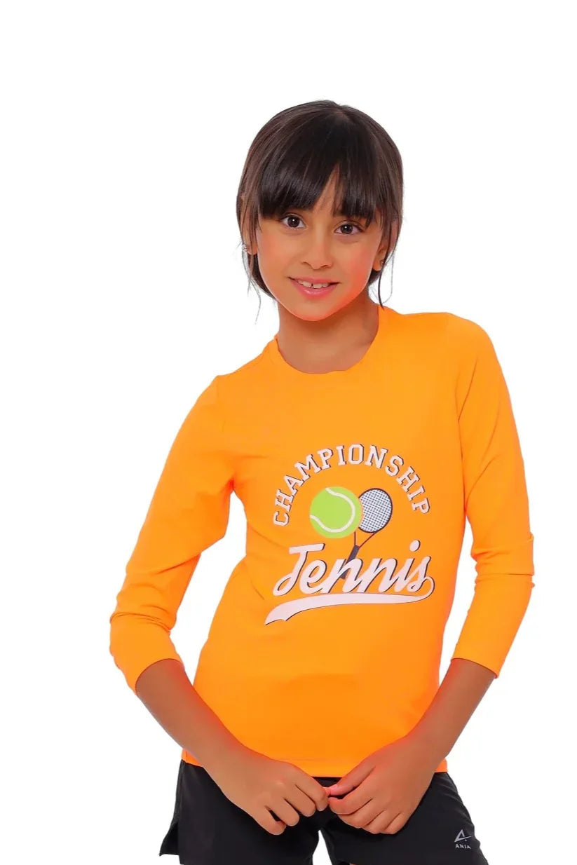 Girls Orange Champion Tennis Long Sleeve T-Shirt – Sporty Graphic Top