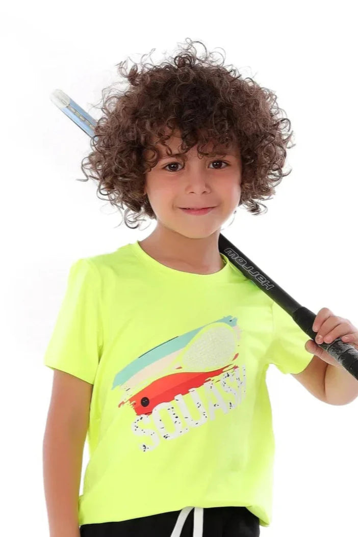 Boys Neon Yellow Squash Racket Splash T-Shirt – Sporty Graphic Top
