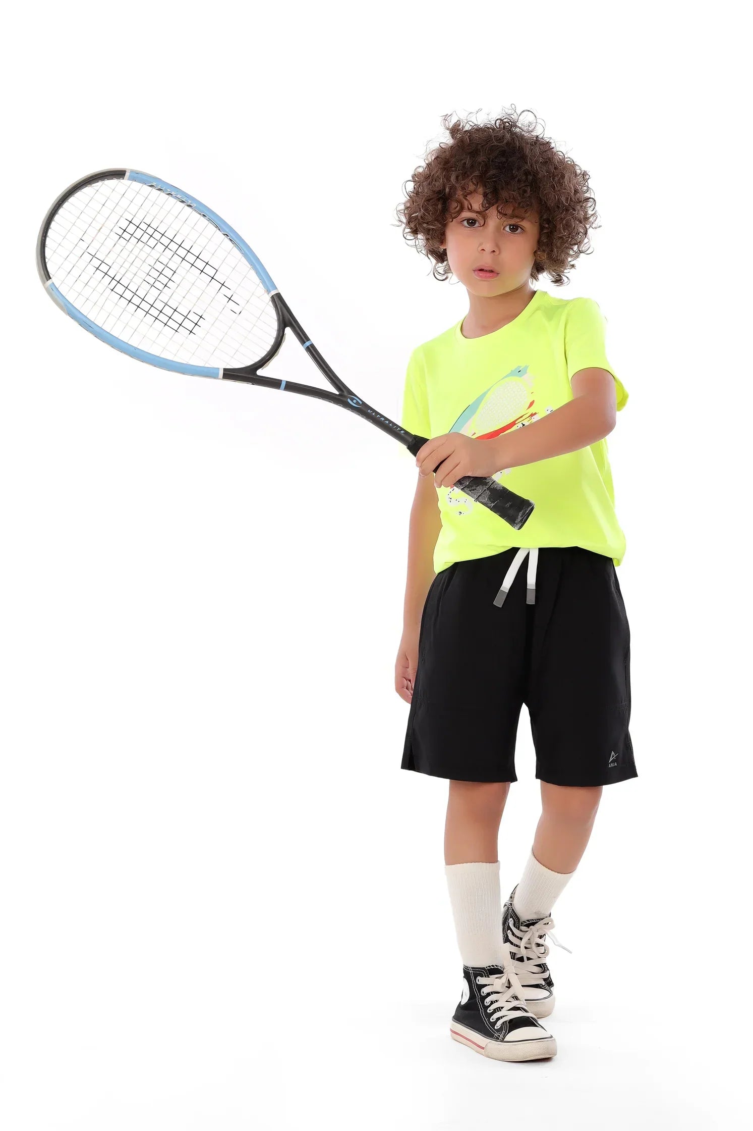 Boys Neon Yellow Squash Racket Splash T-Shirt – Sporty Graphic Top