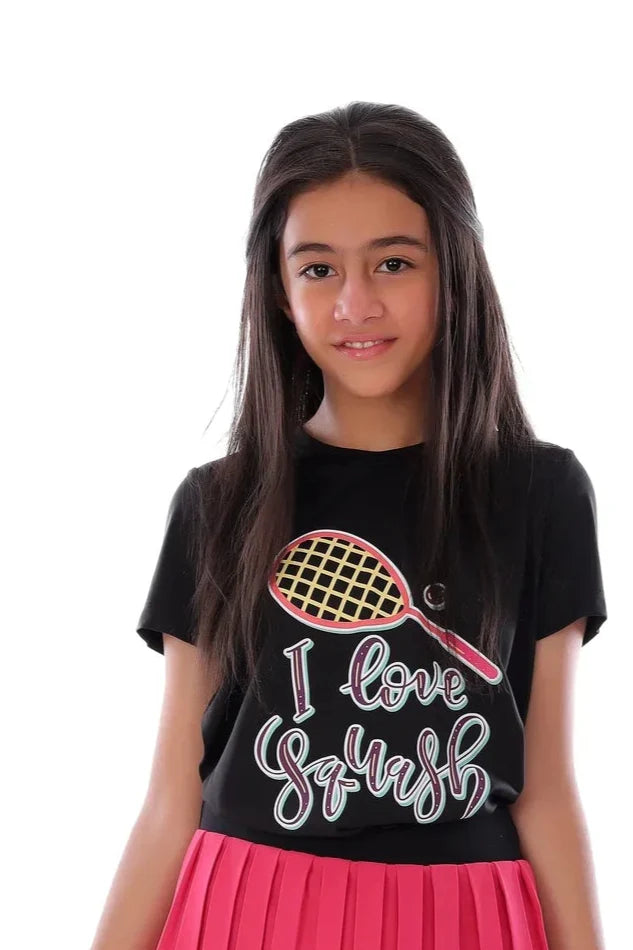 Girls Black I Love Squash Graphic T-Shirt – Sporty Top