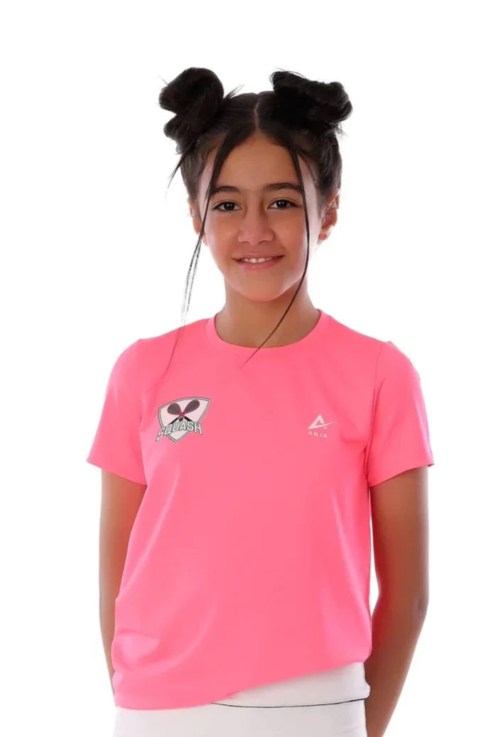 Girls Neon Pink Squash T-Shirt – Sporty Graphic Top