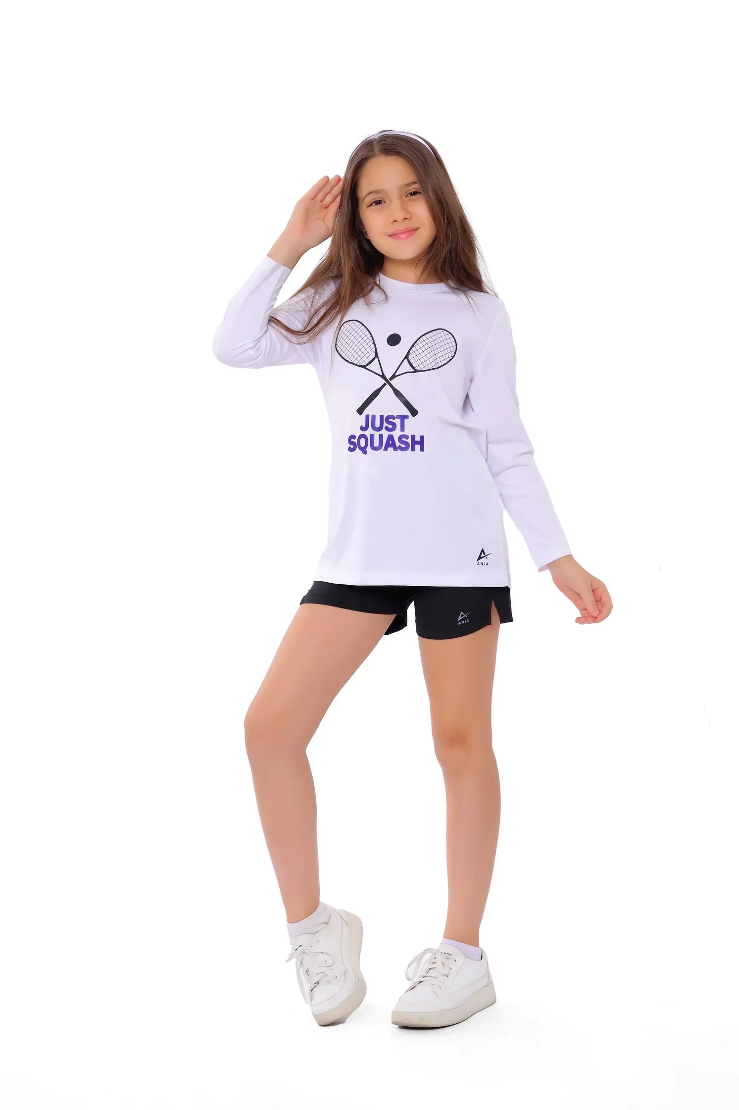 Girls White Squash Graphic T-Shirt – Sporty Long Sleeve Top