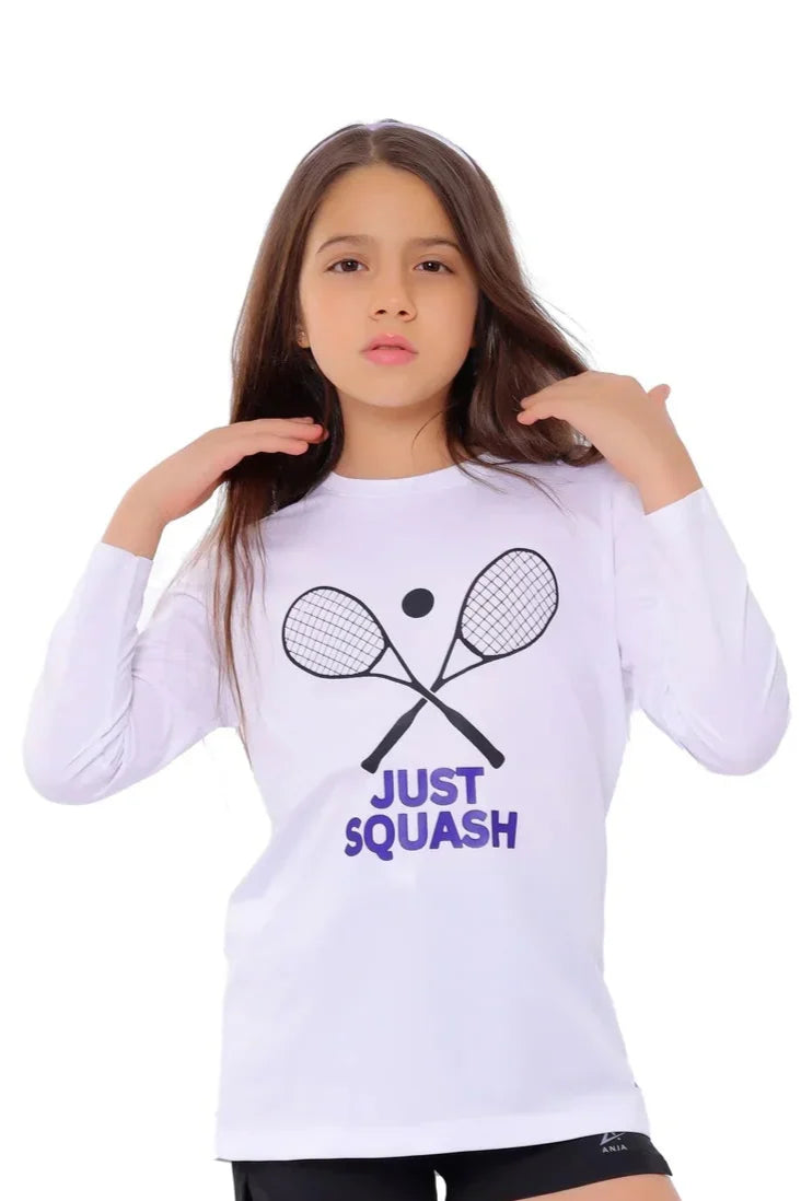 Girls White Squash Graphic T-Shirt – Sporty Long Sleeve Top
