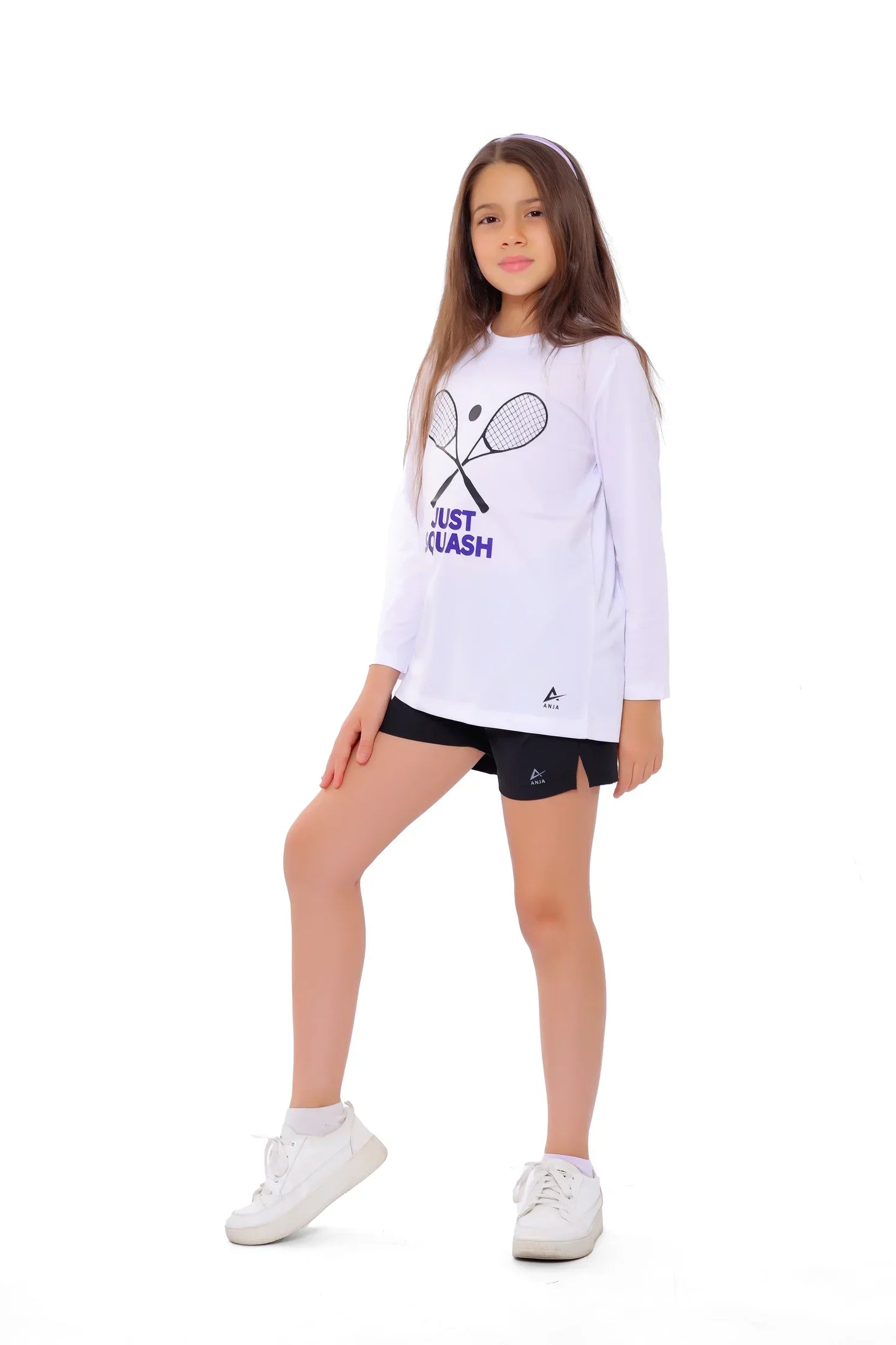 Girls White Squash Graphic T-Shirt – Sporty Long Sleeve Top