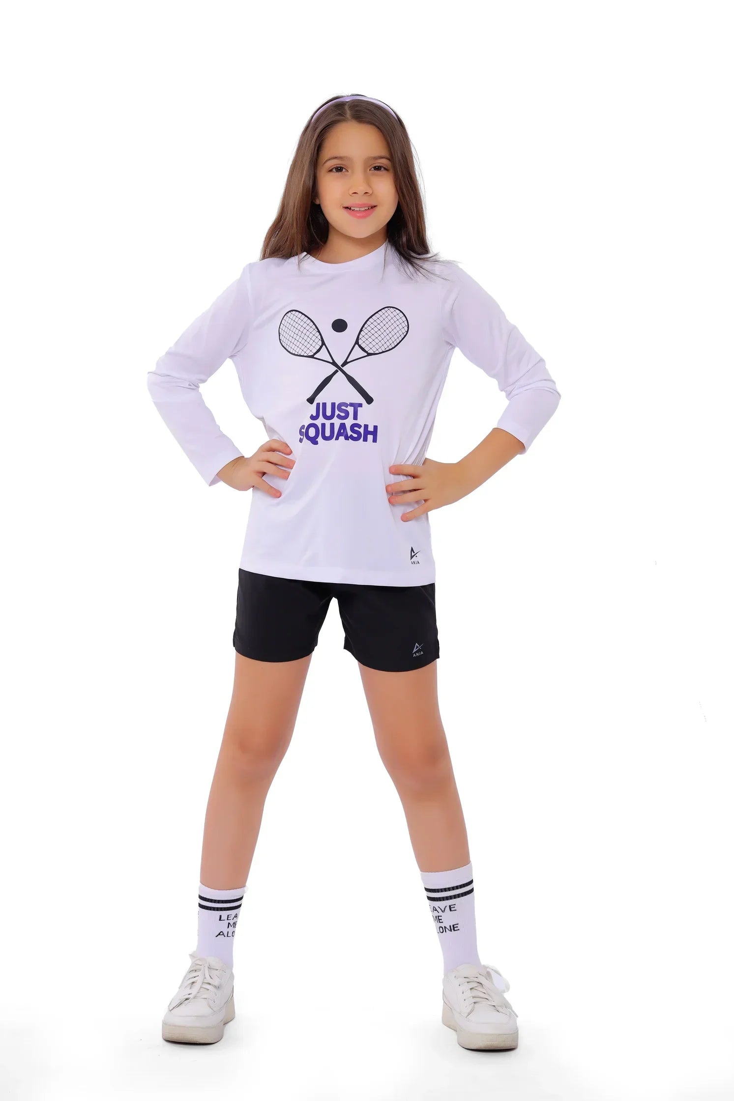 Girls White Squash Graphic T-Shirt – Sporty Long Sleeve Top