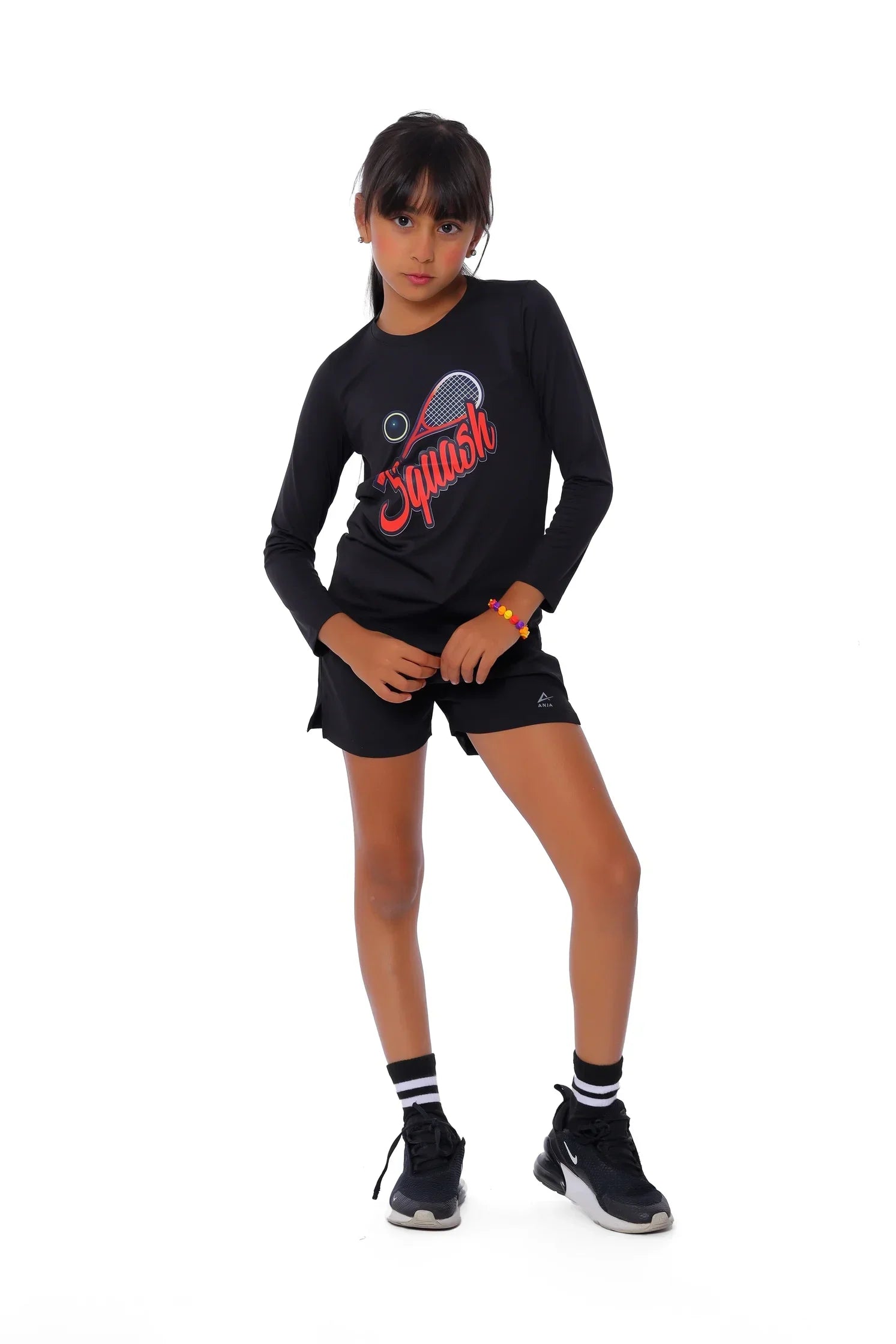 Girls Black Squash T-Shirt – Sporty Long Sleeve Top