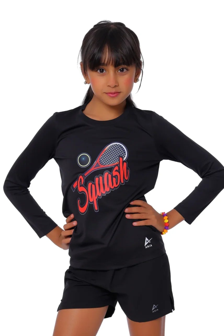 Girls Black Squash T-Shirt – Sporty Long Sleeve Top