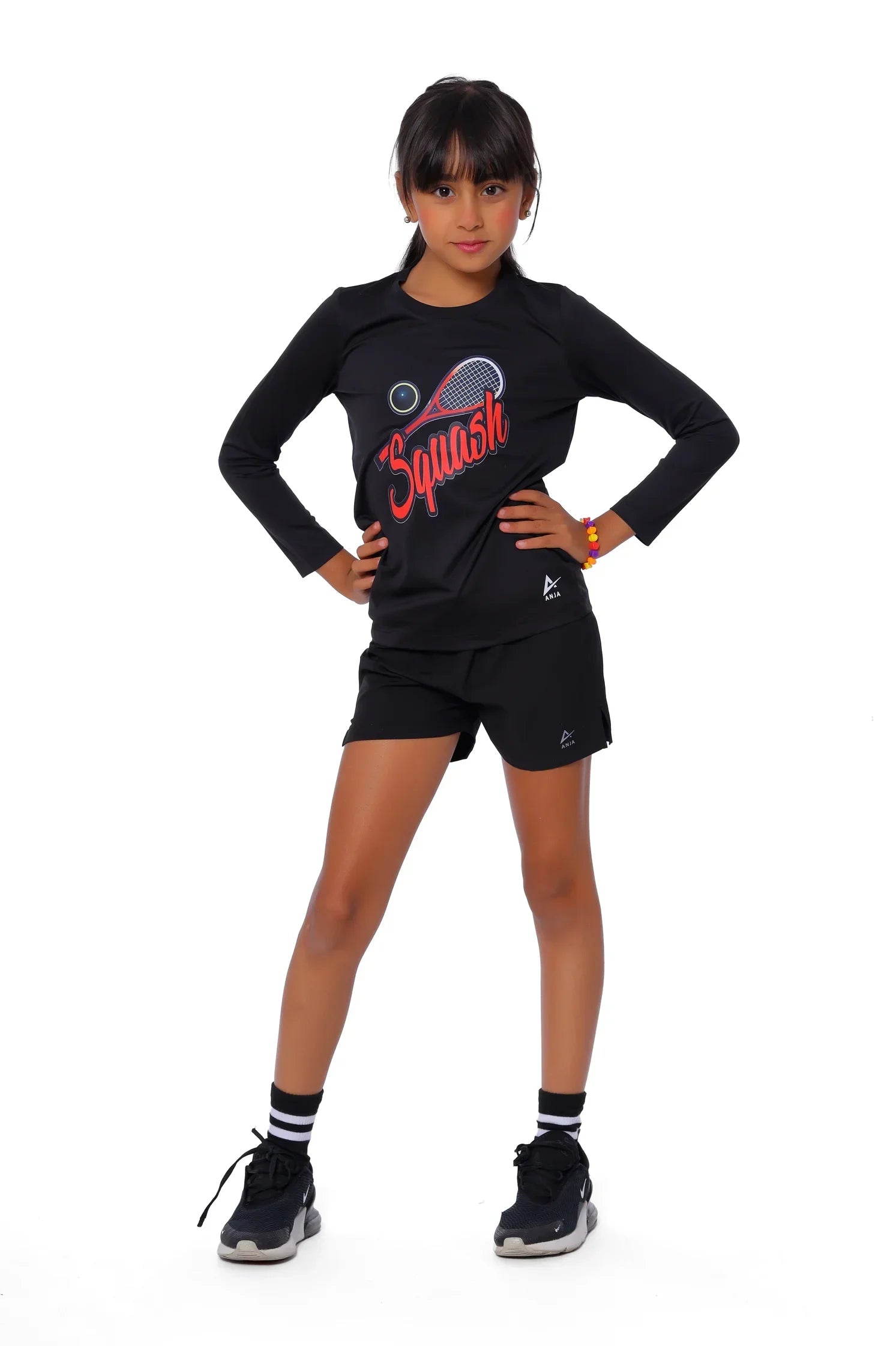 Girls Black Squash T-Shirt – Sporty Long Sleeve Top