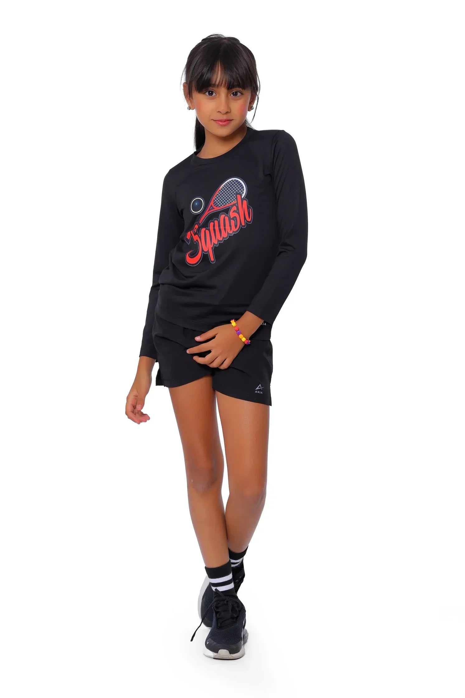 Girls Black Squash T-Shirt – Sporty Long Sleeve Top